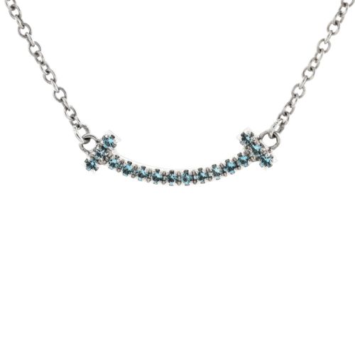 T Smile Pendant Necklace 18K White Gold with Blue Topaz Mini