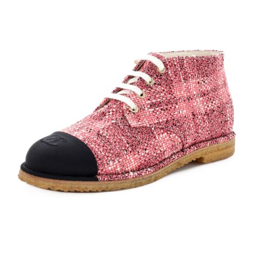 Women's CC Cap Toe Lace Up Ankle Boots Woven Textile and Grosgrain