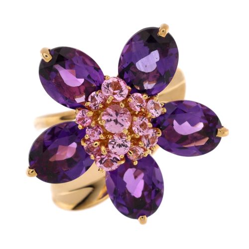 Hawaii Flower Ring 18K Yellow Gold with Amethyst and Pink Sapphires