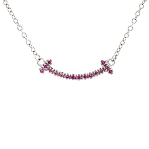 T Smile Pendant Necklace 18K White Gold with Pink Sapphires Mini