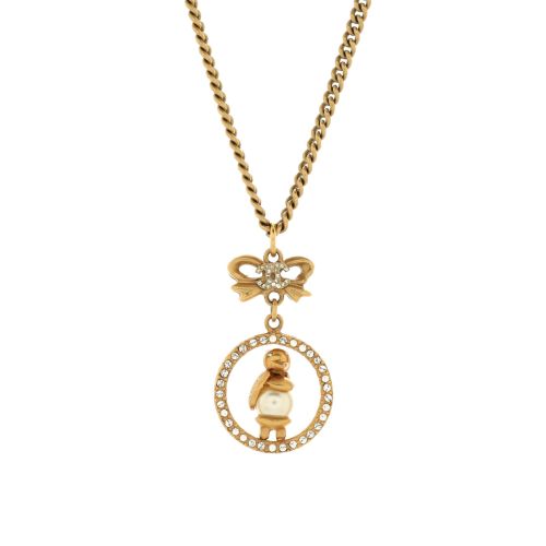 CC Bow Animal in Round Drop Pendant Necklace Metal with Crystals and Faux Pearl