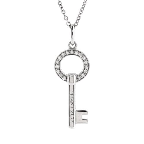 Modern Open Round Key Pendant Necklace 18K White Gold with Diamonds