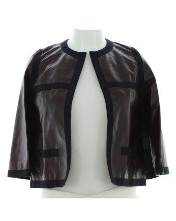 Women's Collarless Jacket Leather with Grosgrain Detail