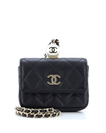 CC Pearl Coin Card Holder with Chain Quilted Caviar