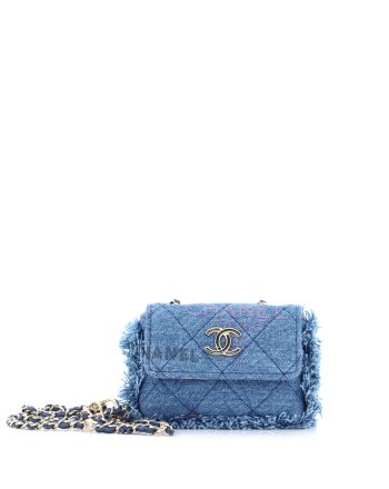 Denim Mood Flap Belt Bag Logo Printed Quilted Fringe Denim Micro