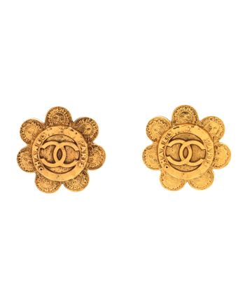 Vintage CC Flower Clip-On Earrings Textured Metal