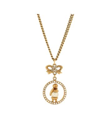 CC Bow Animal in Round Drop Pendant Necklace Metal with Crystals and Faux Pearl