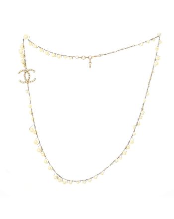 CC Single Strand Long Necklace Metal with Faux Pearls